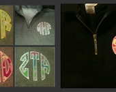 1/4 Zip sweatshirt with Lilly Pulitzer fabric round monogram applique in Oxford,  Navy or White