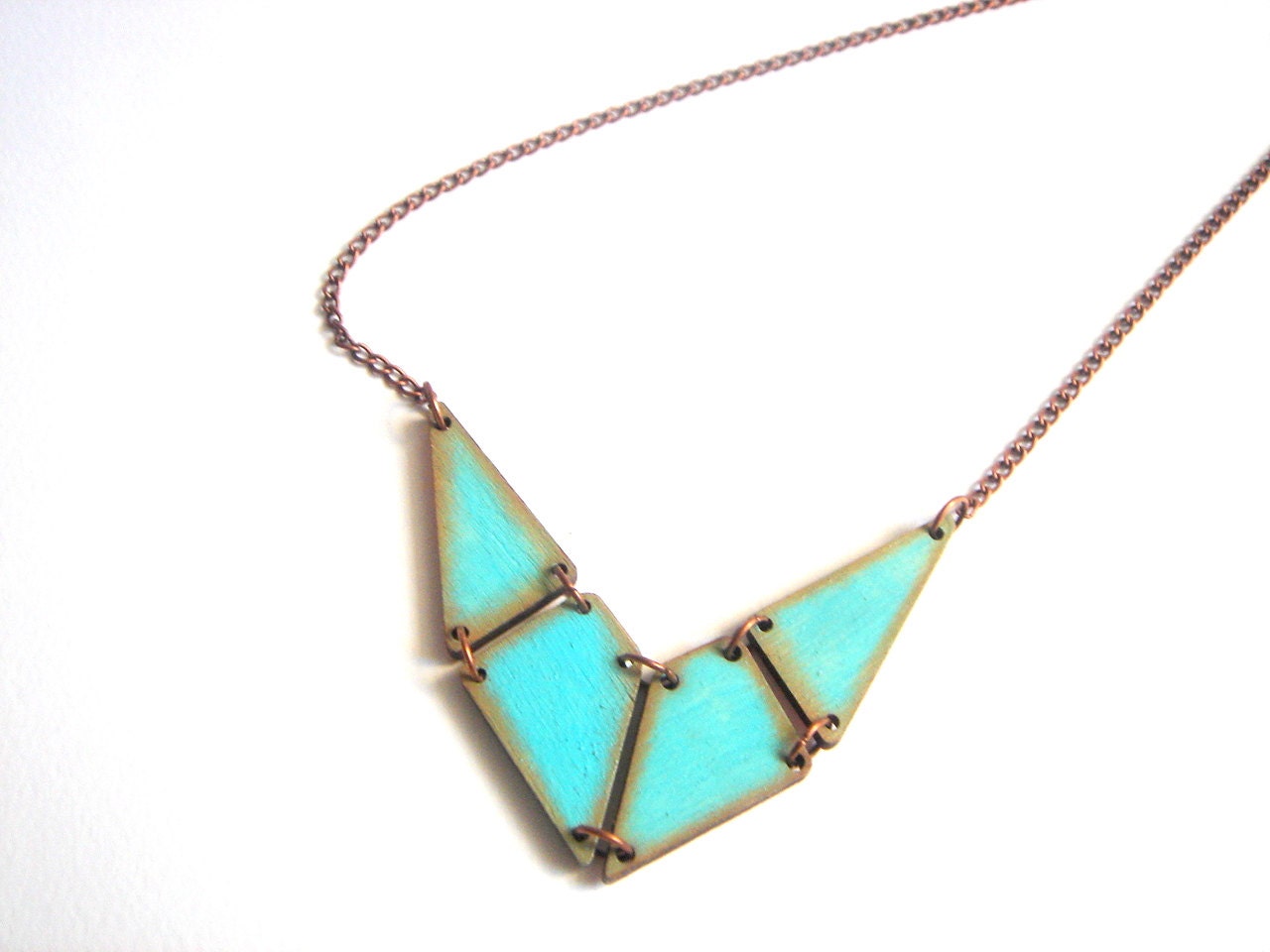 Mint  Blue Geometric Necklace, Wood Triangles Necklace,Geometric Jewelry
