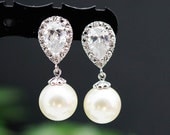 Wedding Jewelry Bridal Earrings Bridesmaid Earrings cubic zirconia ear posts with Crystal White Swarovski Pearl Earrings bridesmaid gifts