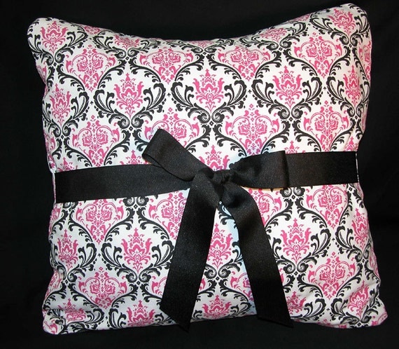 Accent Pillow Black PINK Damask RIBBON bow MADISON