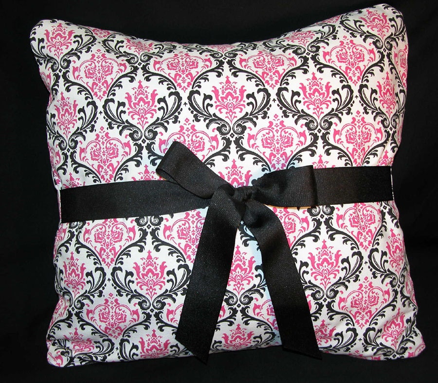 Accent Pillow Black PINK Damask RIBBON bow MADISON