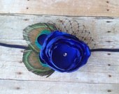 Peacock feather and flower headband with crystal center and veiling - newborn/baby/toddler headband - feather headband - newborn photo prop