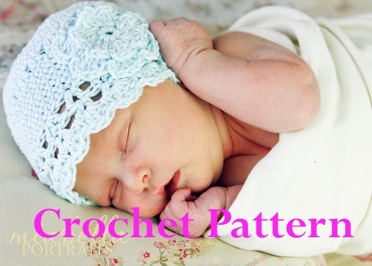 Crochet Pattern for Baby Flapper Beanie or Cloche Hat with Flower, PDF File Instant Download