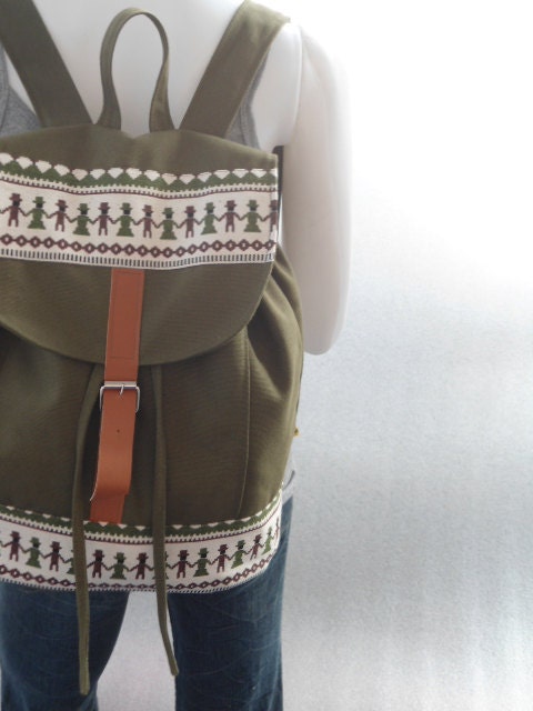 Olive green BACKPACK-canvas and denim fabric/Backpack/canvas backpack/rucksack/school bag/travel bag
