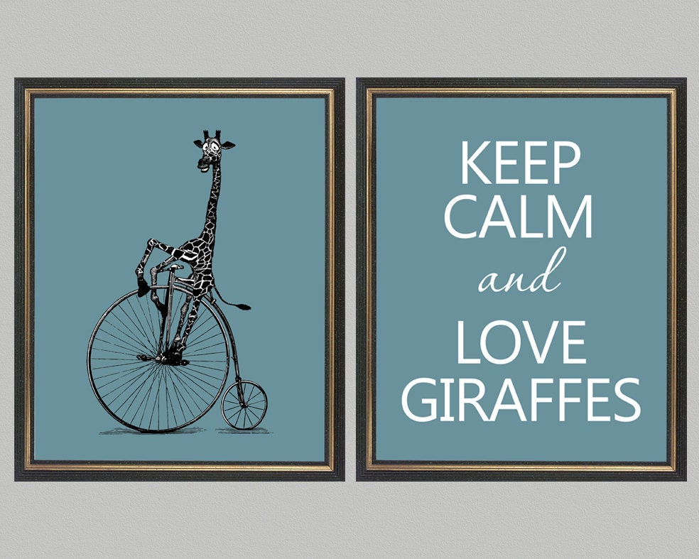 Keep Calm geraffes Wall Art Set of 2 - print on Fine art watercolor paper 8x10 inch.
