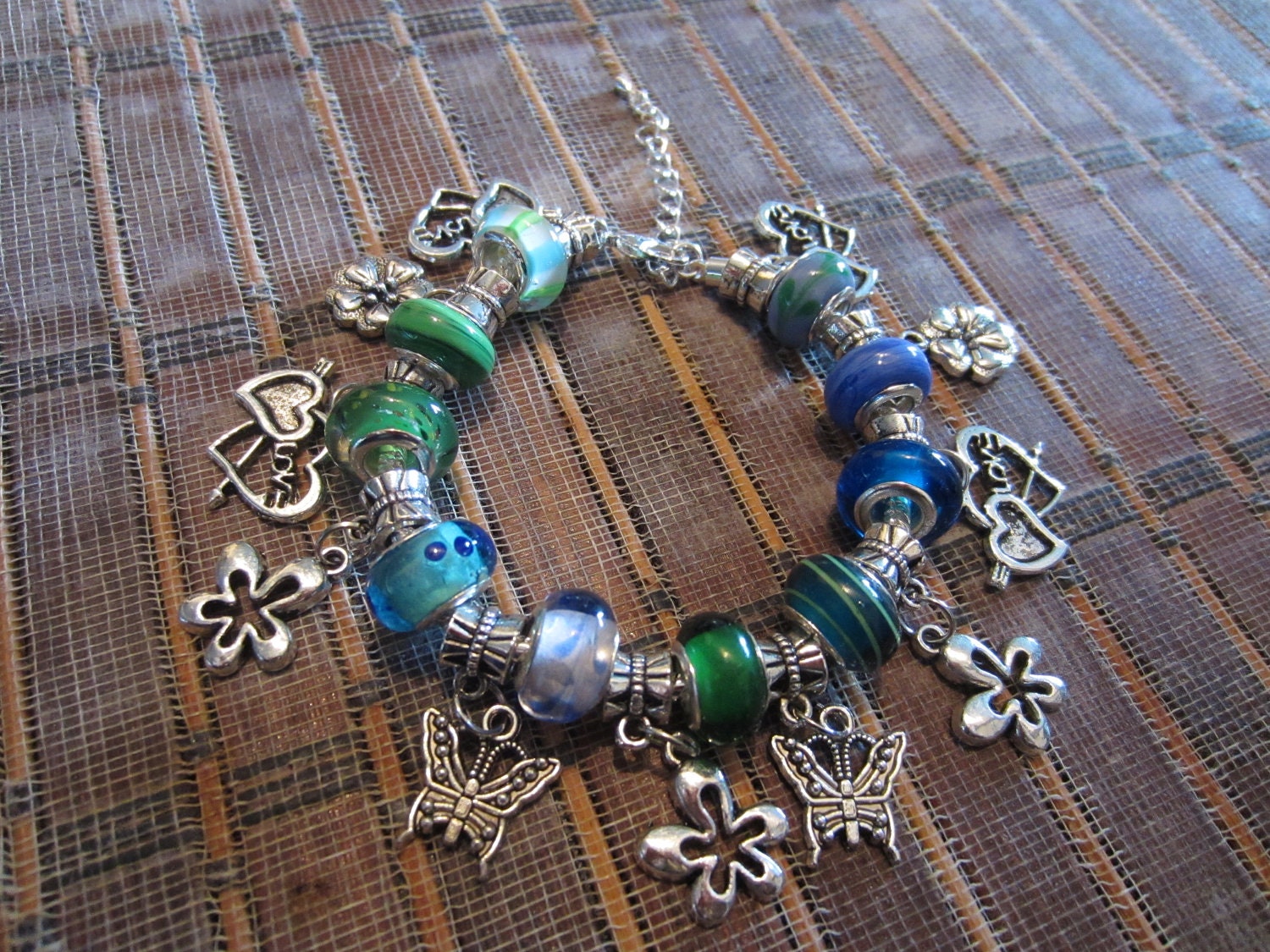 Green And Blue Toned Murano Glass Beads Happy Charm Bracelet