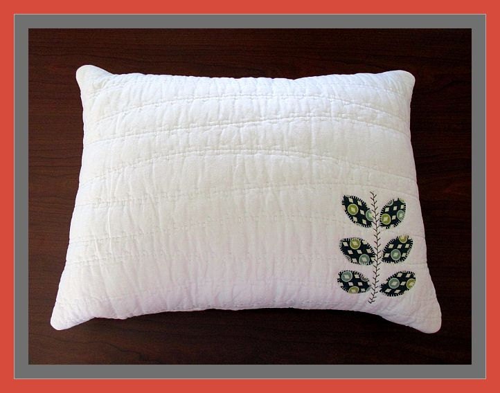Navy Leaf Print Applique on White Quilted Pillow