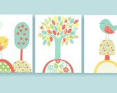Aqua and Coral Nursery, Birds, Tree, Girl Nursery Art, Turquoise Nursery, 8 x 10, Cute Bird Art, Matches Kumari Bedding