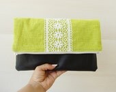 Linen and leather foldover clutch, vegan lace clutch, lime leather clutch bag