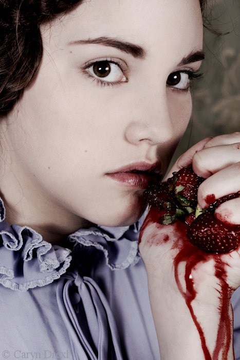 Gush - FREE SHIPPING - Print Face Red Purple Ruffles Blood Strawberries Strange Surreal Girl Eyes Face Pink Creepy Portrait Photo Art