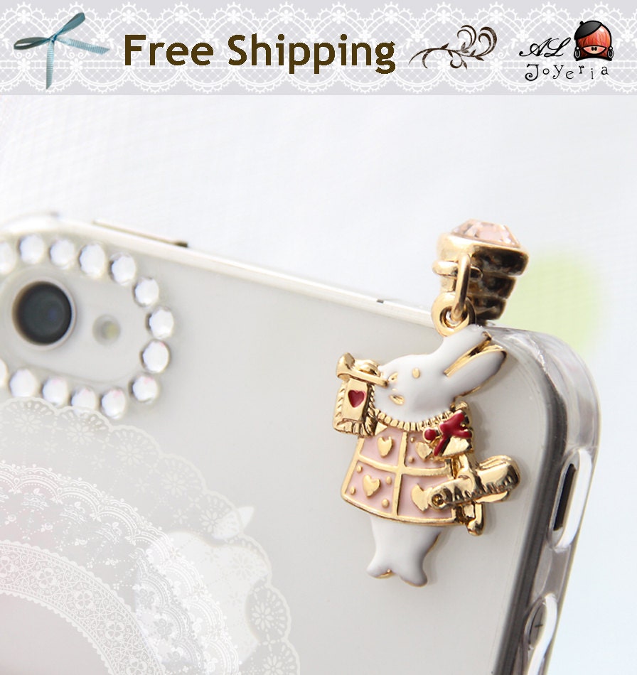 iPhone Dust Plug. White Rabbit Cell Phone Charm with Swarovski Crystal. iPhone Accessories. iPhone Earphone Plug. Free Shipping.