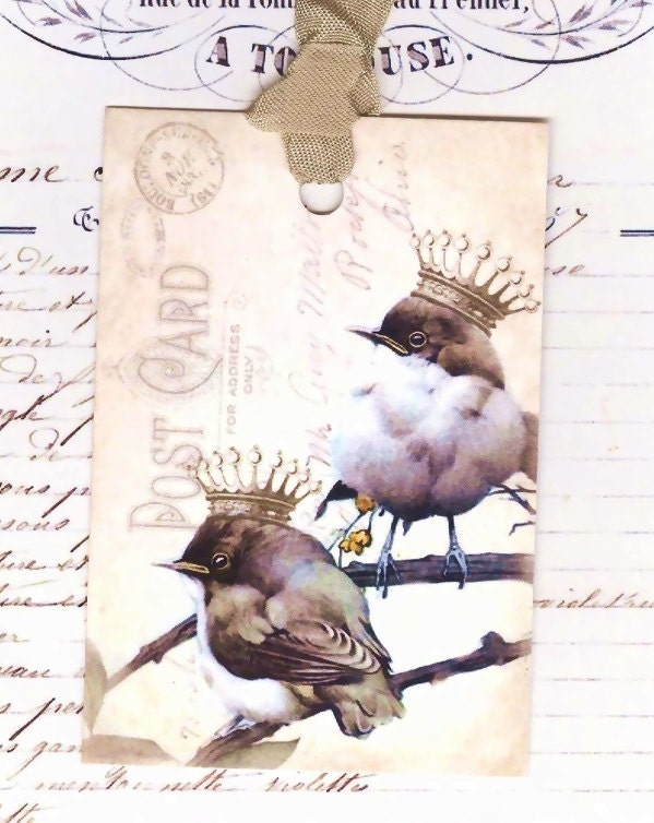 Gift Tags , Birds with Crowns ,  Vintage Style  , Scrapbook Supplies by Bluebird Lane