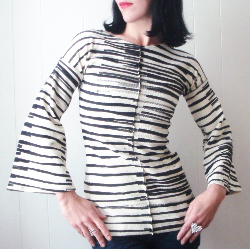 Step Right Up - iheartfink Handmade Hand Printed Womens Mod Black and White Striped  Blouse Top