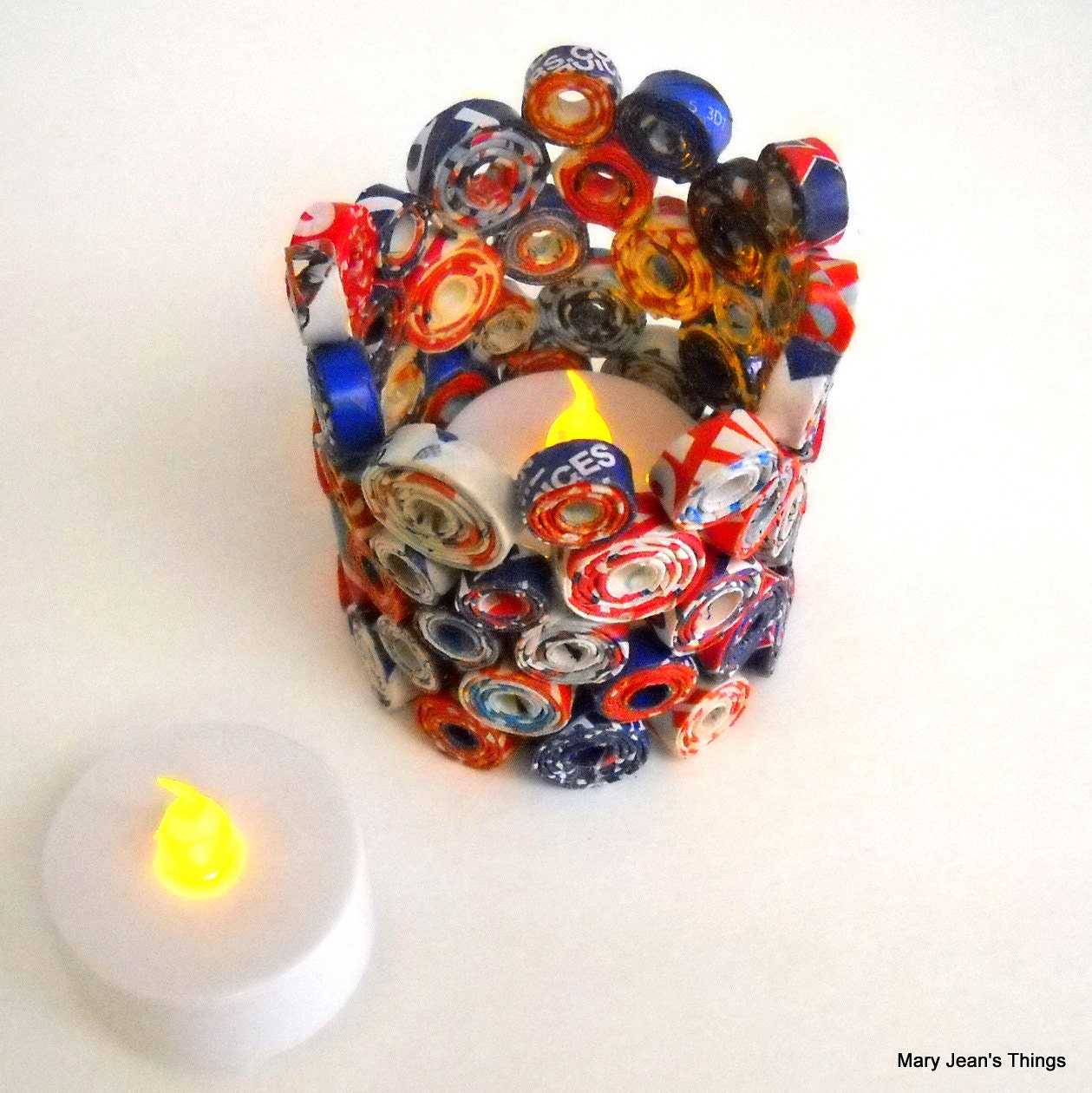 USA Red White & Blue Paper Flameless Candle Votive Upcycled from Magazines etc. OOAK