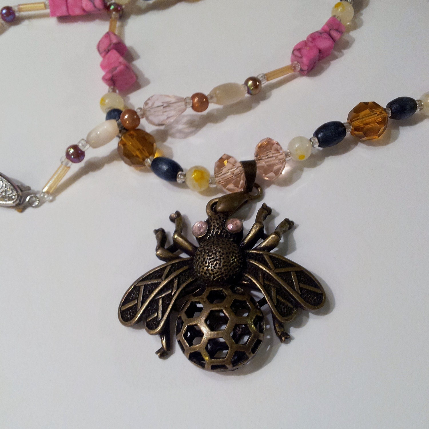 Bronze and Pink Bug Necklace, Queen Bee