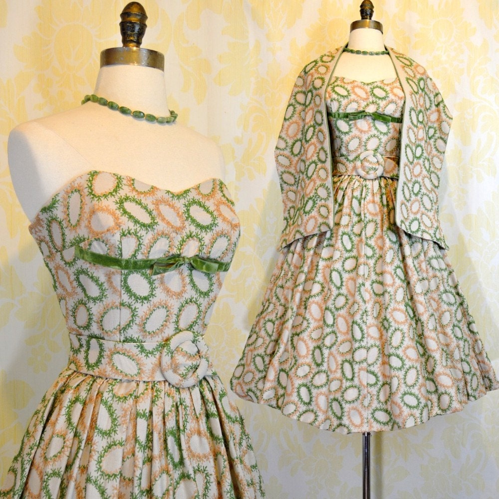 Vintage 50s Strapless Dress Shawl Set S M - Embroidered Linen - Full Circle Skirt