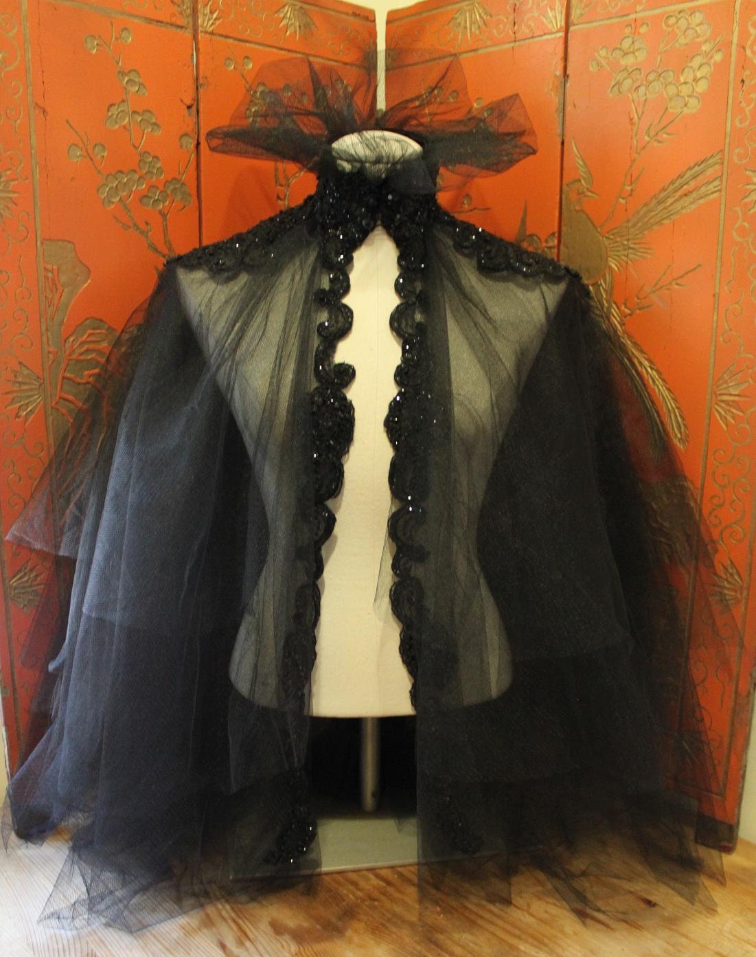 Mourning Cape -  Layered Tulle Cape with Beaded Lace Collar and Epaulettes