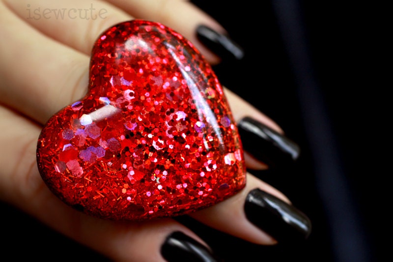 Resin Jewelry Ring Heart Shaped Resin Truly Big Bling... bold fiery red with highlights by isewcute