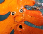 Halloween Folk Art Anthropomorphic Orange Oak Leaf Paperclay Ornament