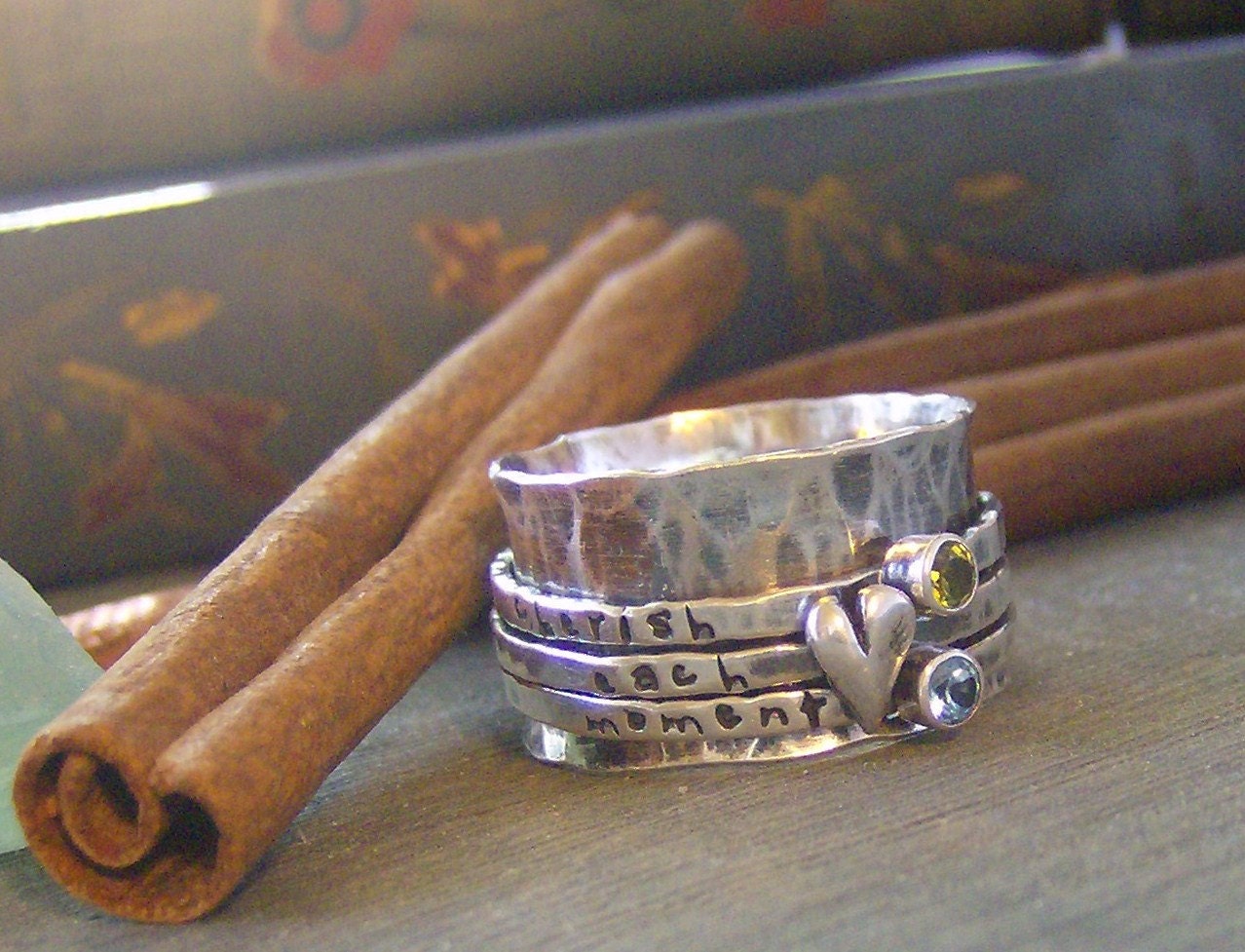 Heart and stone spinner ring hand stamped Birthstone sterling silver spinner ring mothers ring