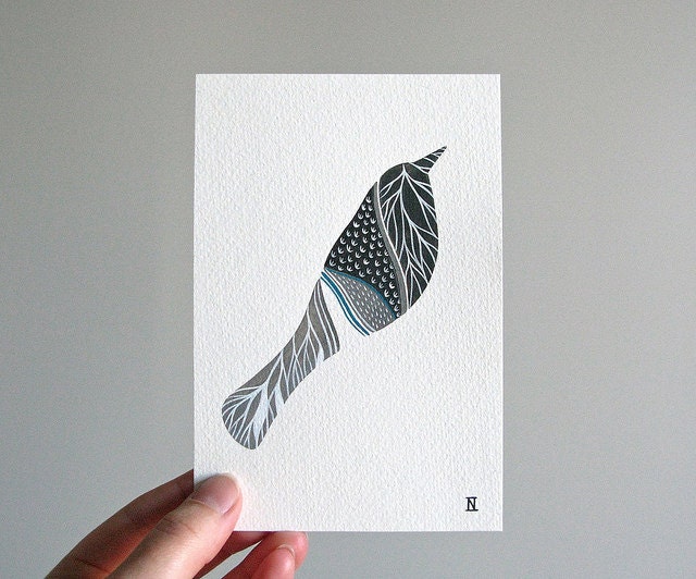 elements 3 // original contemporary watercolour bird painting in grey and turquoise // by natasha newton