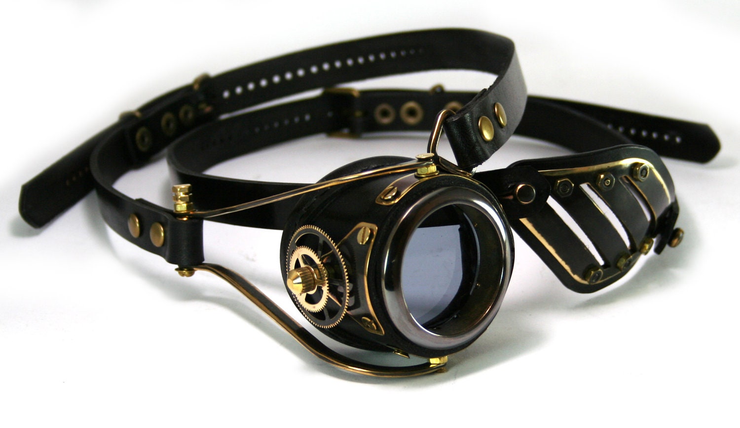 STEAMPUNK MONOGOGGLE and EYEPATCH  black leather blackened brass gears Flex Solid Frame ///