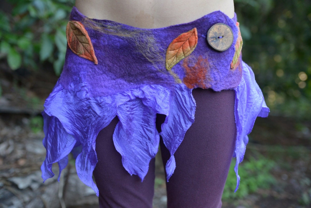 Nuno Felted Autumn Leaf Double Layered Hand Dyed Taj Silk Pixie Pointed Fairy Belt Skirt OOAK