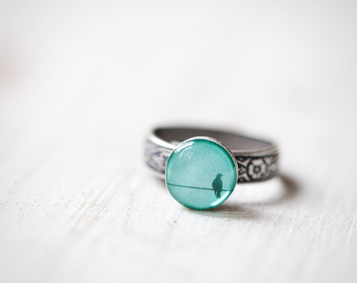 Mint bird ring - Winter jewelry - Pastel trend - Adjustable ring (R040)