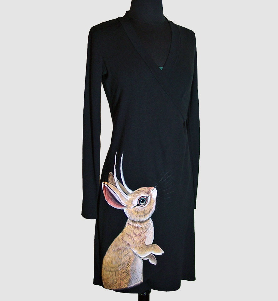 NEW Handpainted Jackalope black wrap around dress - handpainted, OOAK by NYhop - womens size Small