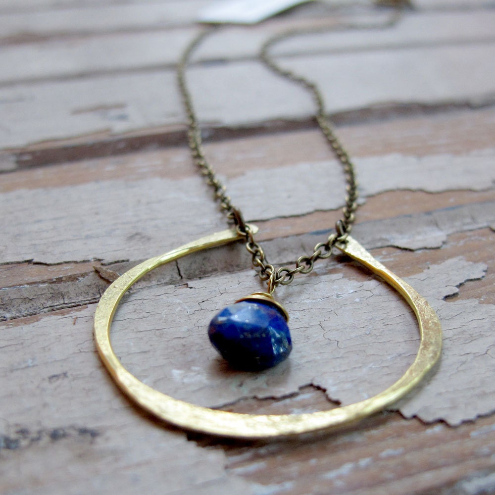 Fall's Chance - Brass Horseshoe Necklace - Blue Lapis Lazuli Necklace - Artisan Tangleweeds Jewelry