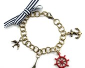 Nautical Parisian Charm Bracelet with Anchor, Swallow, Ship Wheel, Eiffel Tower with Chunky Antiqued Gold Plated Chain by Ghostlove