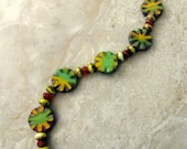 Beaded Bracelet - Autumn Colors, Orange, Green, Yellow, and Brown Czech Glass - Sun Facets (Ready to Ship)