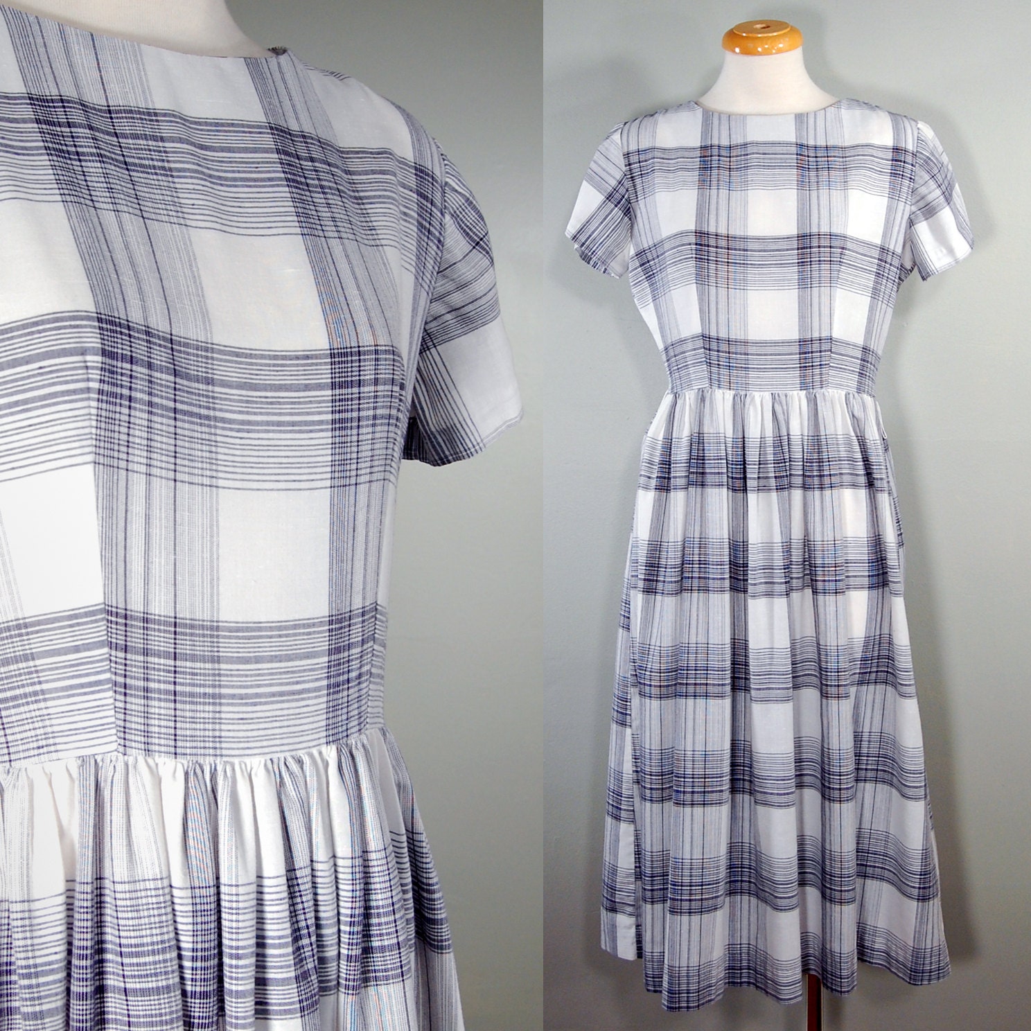 80's Lightweight Plaid Black and White Day Dress, S/M