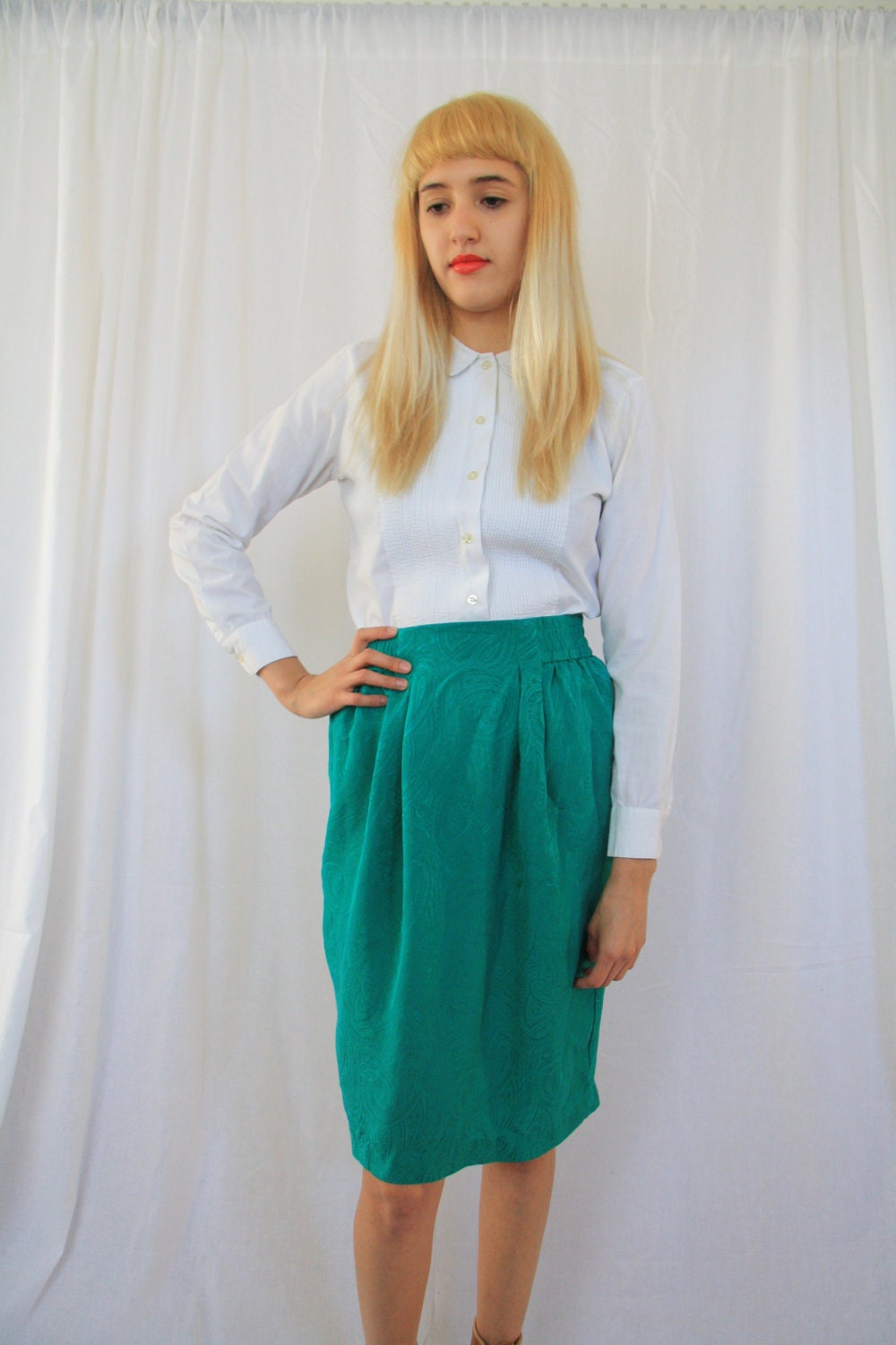 SALE Vintage Emerald Paisley Silk Skirt