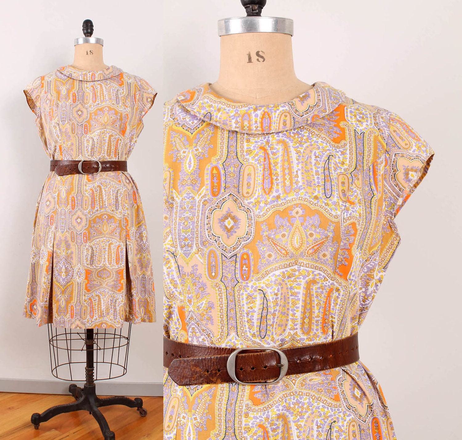1960s Paisley Shift Dress / Wide Cowl Neck Cap Sleeve Dress - Womens XL - Tan Yellow Light Purple Orange White Camel Cotton
