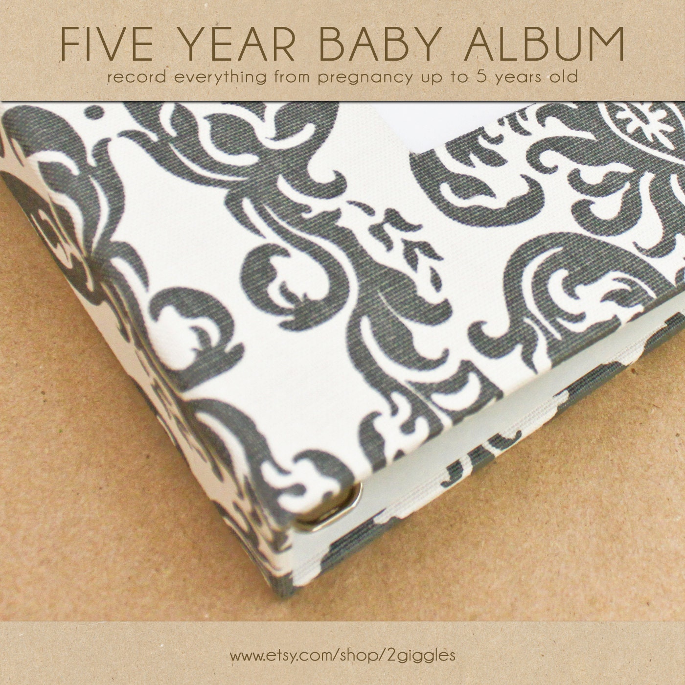 Baby Book (Pregnancy - 5 Years) - Grey and White Damask (134 designed journaling pages & personalization included with album)