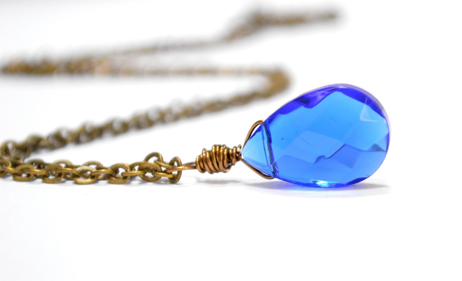 Blue Pendant, Sapphire Teardrop, Cobalt  September Birthday Necklace,Royal Blue, Antiqued Brass, Wire Wrapped, Simple, Gift Under 25