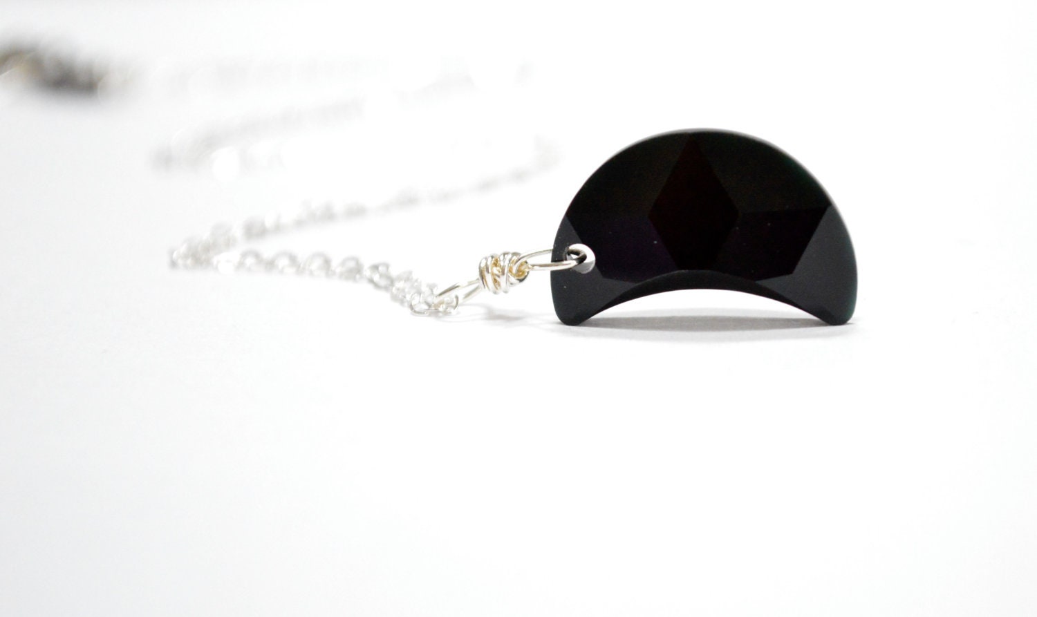 Black Moon Swarosvki Pendant, Halfmoon Halloween Jet Midnight Night, Sterling Silver Wire Wrapped, Gift Under 35, Minimalist