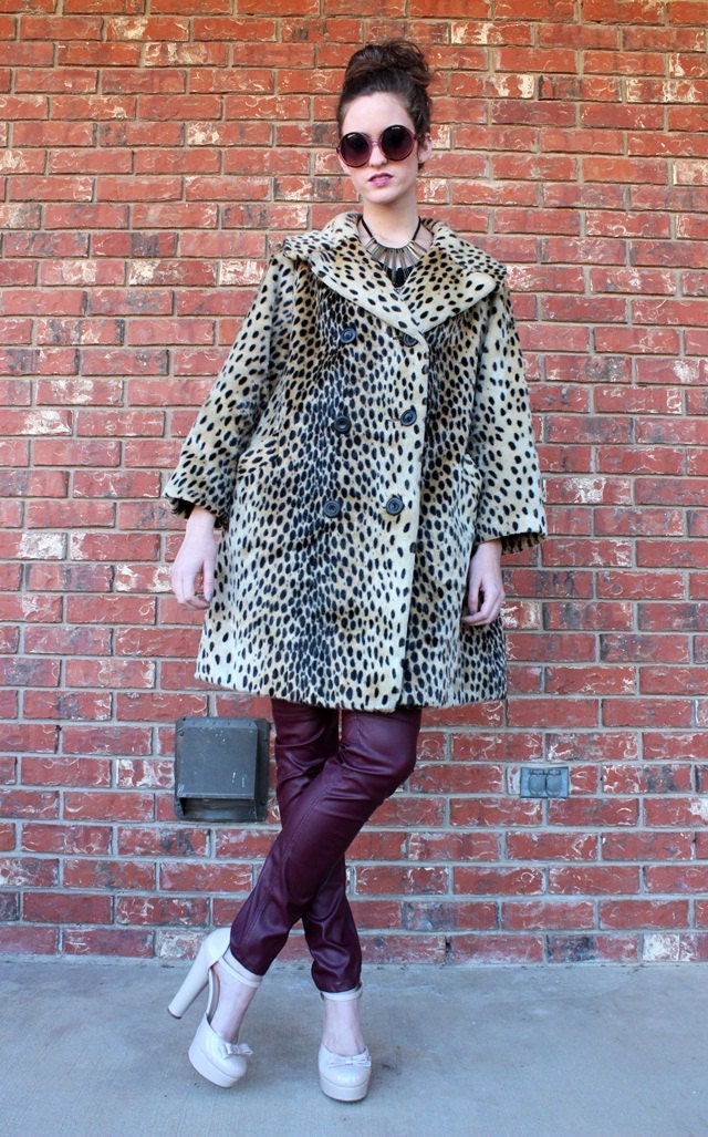 Vtg 1960s Leopard Faux Fur Audrey Hepburn Posh Classic Peacoat Coat L/XL