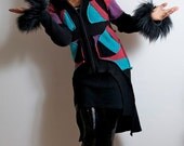 Black & Jewel tone Upcycled Cardigan Coat with Sheepskin Trim Collar                 Made in England UK