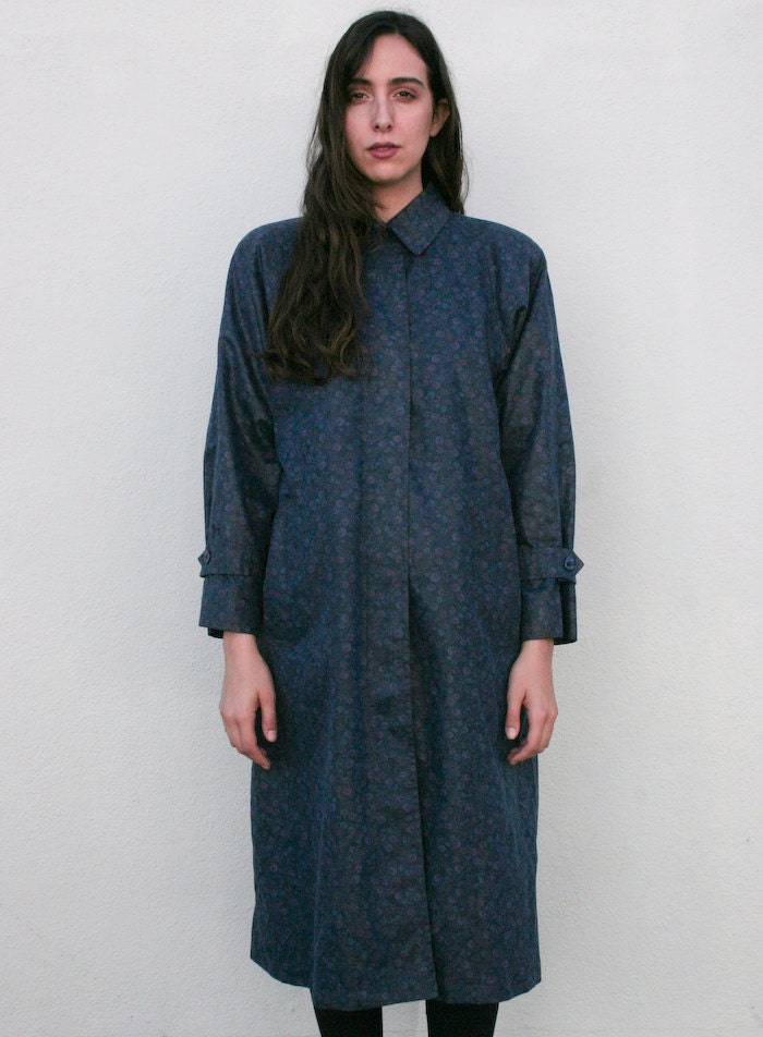 Vintage 1980's London Fog Navy Floral Print Trench Coat S/M