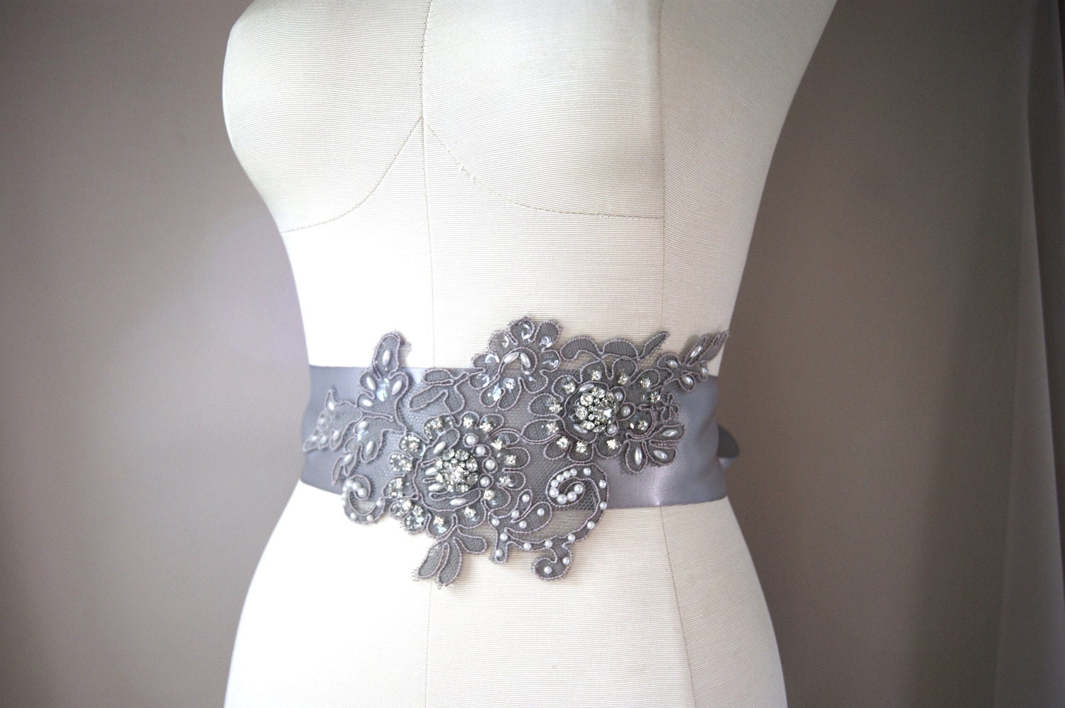 Grey Alencon Lace Bridal Sash - Vintage Rhinestone Embellishments Gray