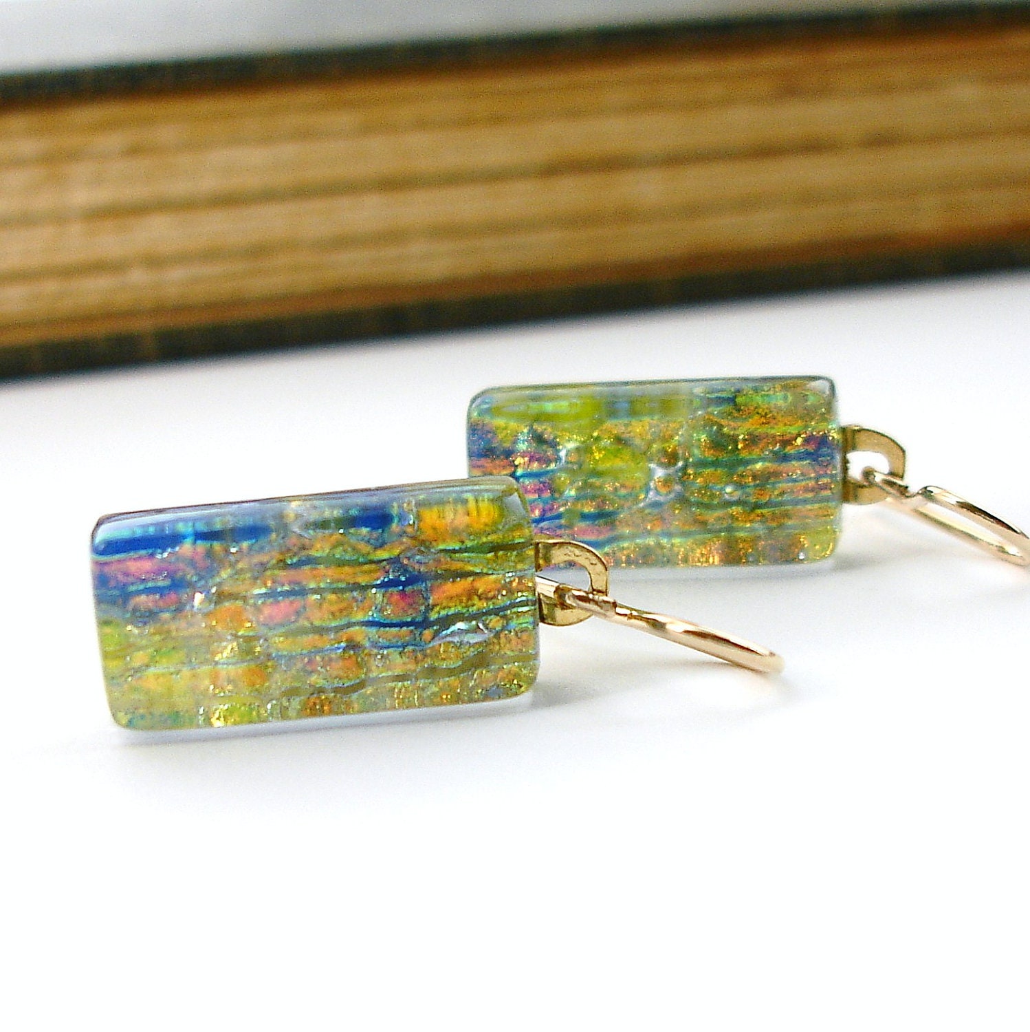 Fused Dichroic Glass Earrings, Dichroic Jewelry, Gold Filled Wires, Dichroic Earrings