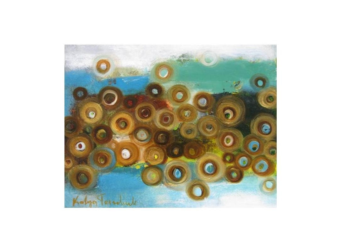 aqua blue oil painting,  Turquoise and Gold,  Original Oil on paper painting one of a kind , 14"x10,5"