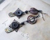 Rustic Assemblage Earrings - Vintage Buttons, Filigree, Tin Scraps - Mismatched Button Earrings - Rustic Assemblage Earrings