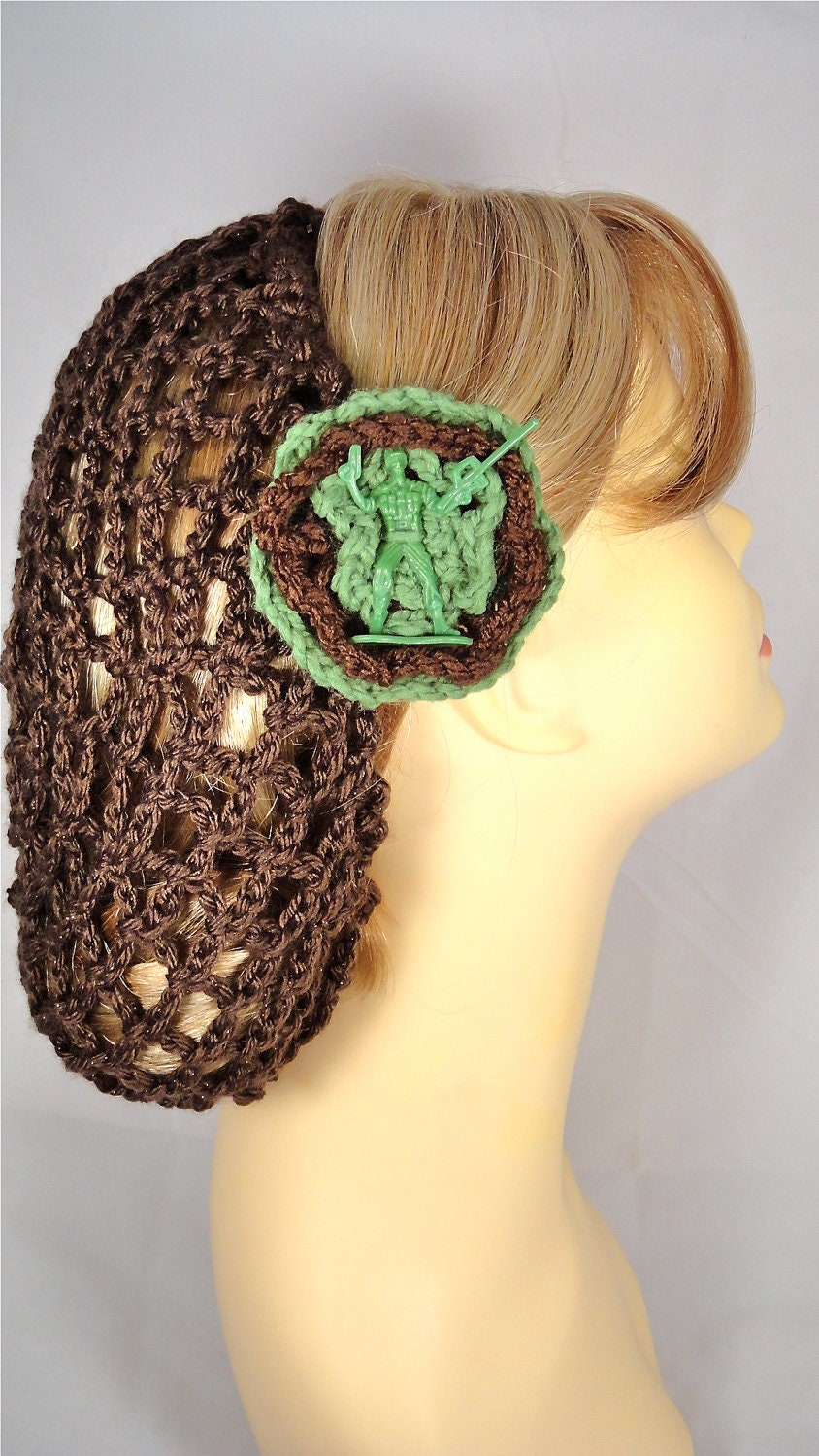 Handmade Chocolate Shimmer Vintage-Style Snood with Little Green Army Man clip