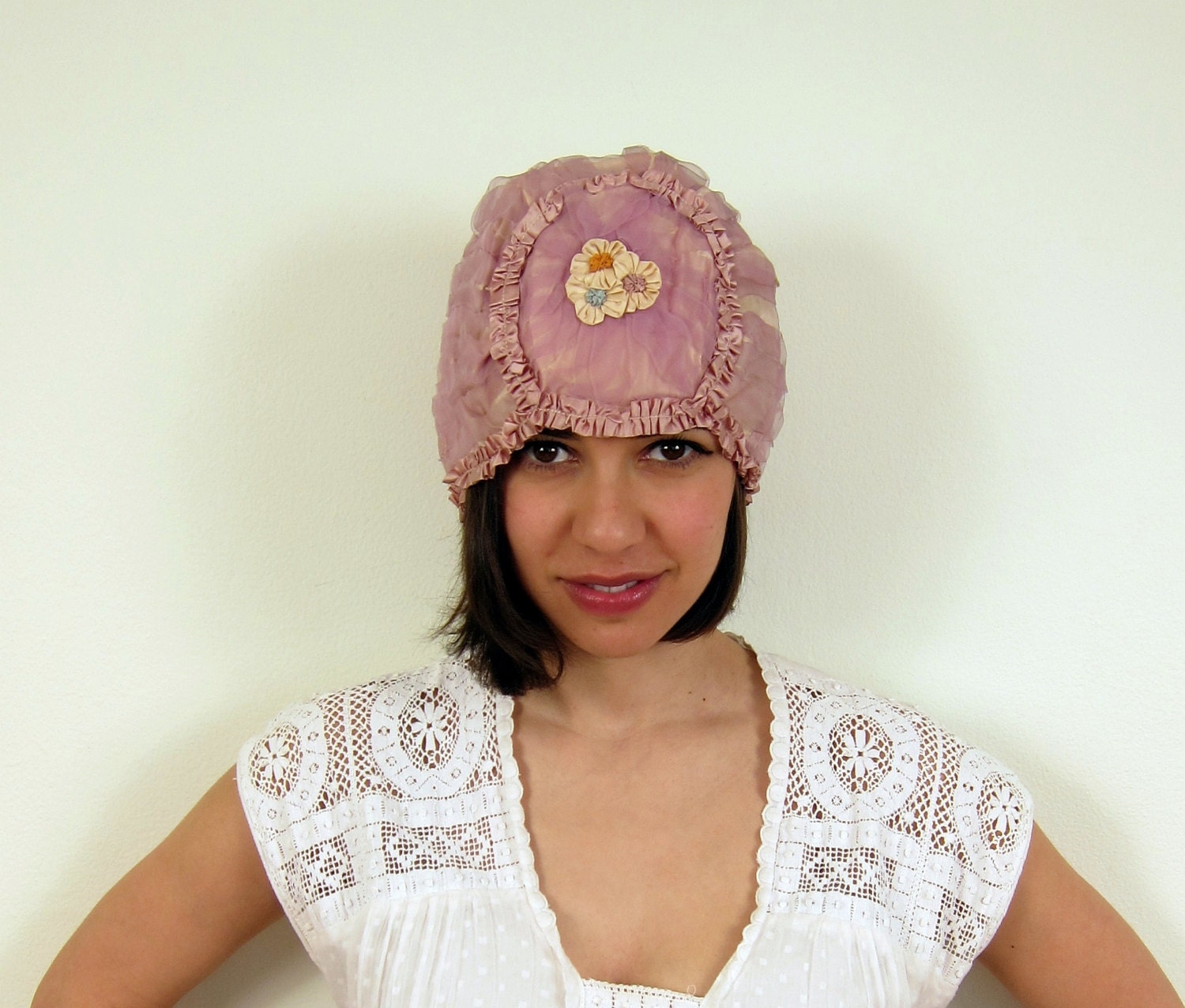 Vintage  1920s Boudoir Cap Flapper Hat Sleep Bonnet in Mauve Purple Silk Satin