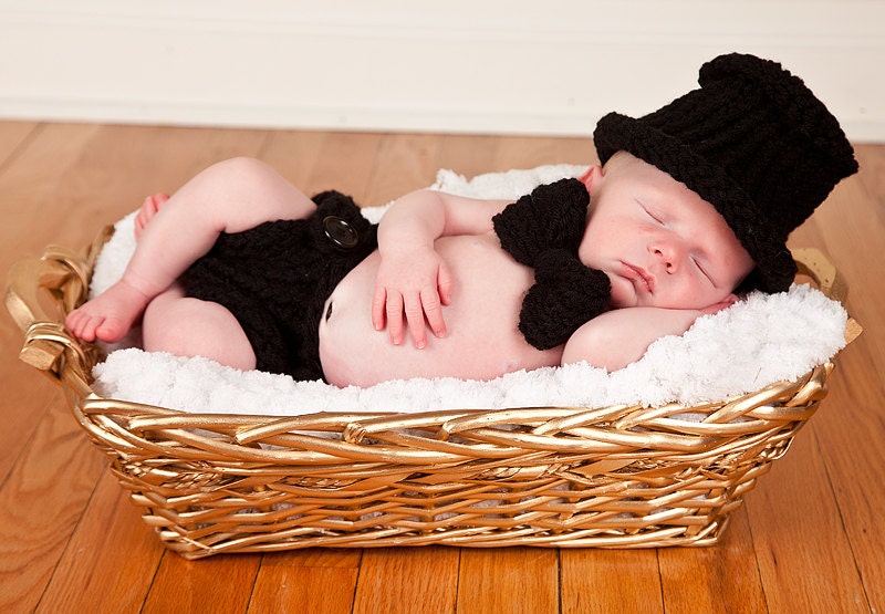 Knitted baby Black Top Hat, Bow Tie, and Diaper Cover Tuxedo Set 0 to 3 months