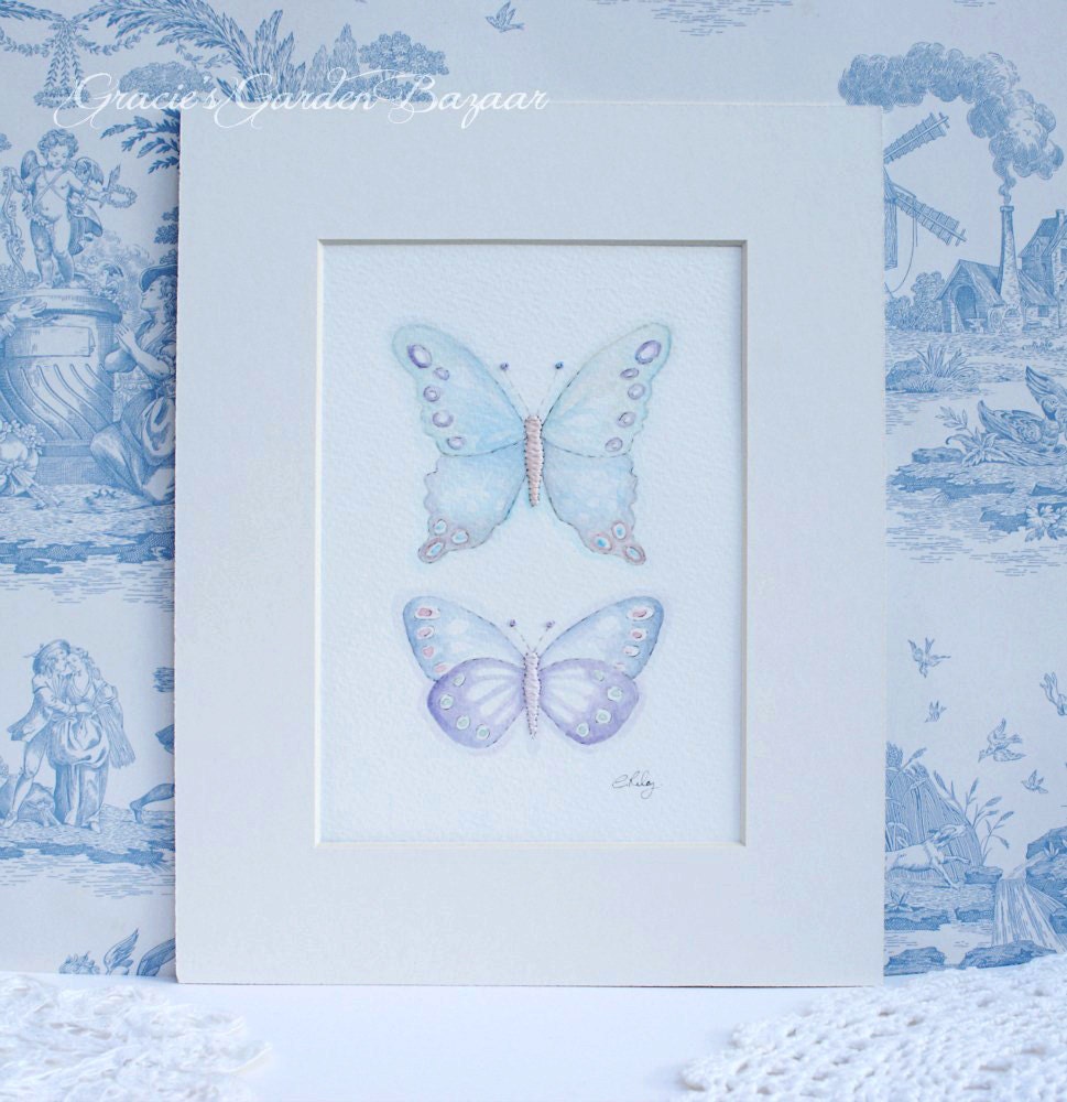 Mounted Original Watercolour painting,butterflies,purple,blue,illustration,embroidery, wall decor