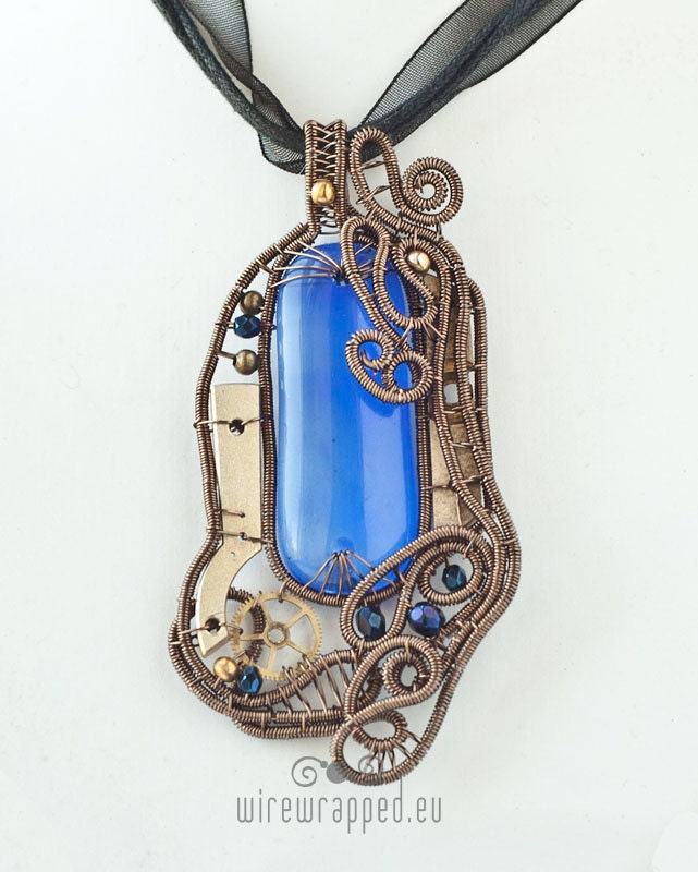 OOAK Blue steampunk fused dichroic glass wire wrapped pendant